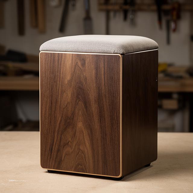 Cajón peruano de madera con asiento acolchado y fondo neutro de taller