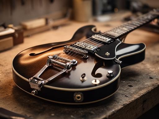 Guitarra eléctrica semi-hueca terminada, vista en ángulo sobre un banco de taller con luces cálidas