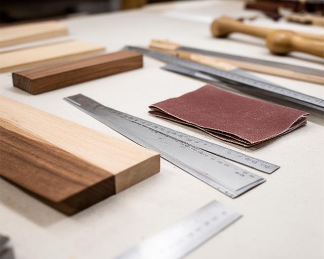 Detalle de banco de luthería con piezas de madera, lijas y reglas sobre una superficie limpia