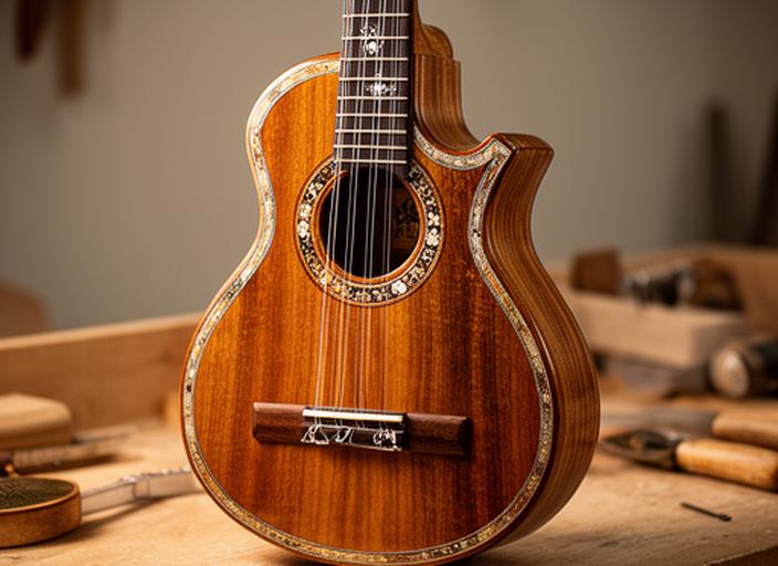 Charango personalizado con incrustaciones finas apoyado sobre una mesa de trabajo de luthería