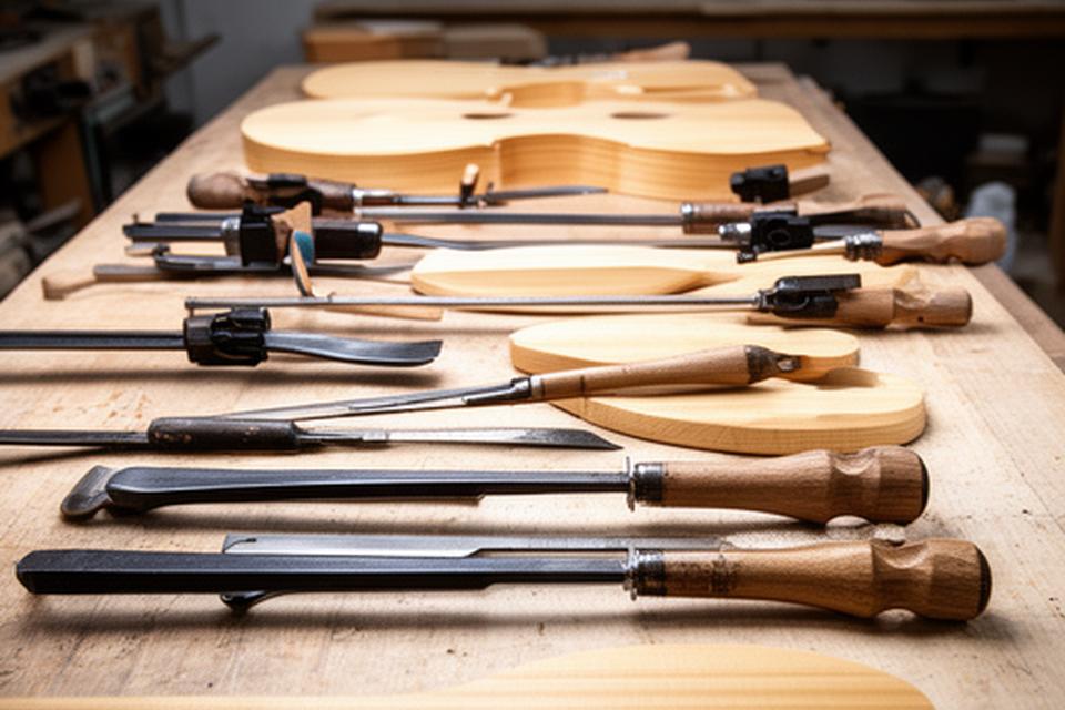 Banco de trabajo con herramientas de luthería, gubias y piezas de instrumentos en un taller ordenado