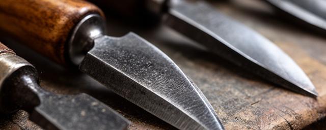 Detalle cercano de herramientas manuales de luthería sobre una mesa con marcas de uso