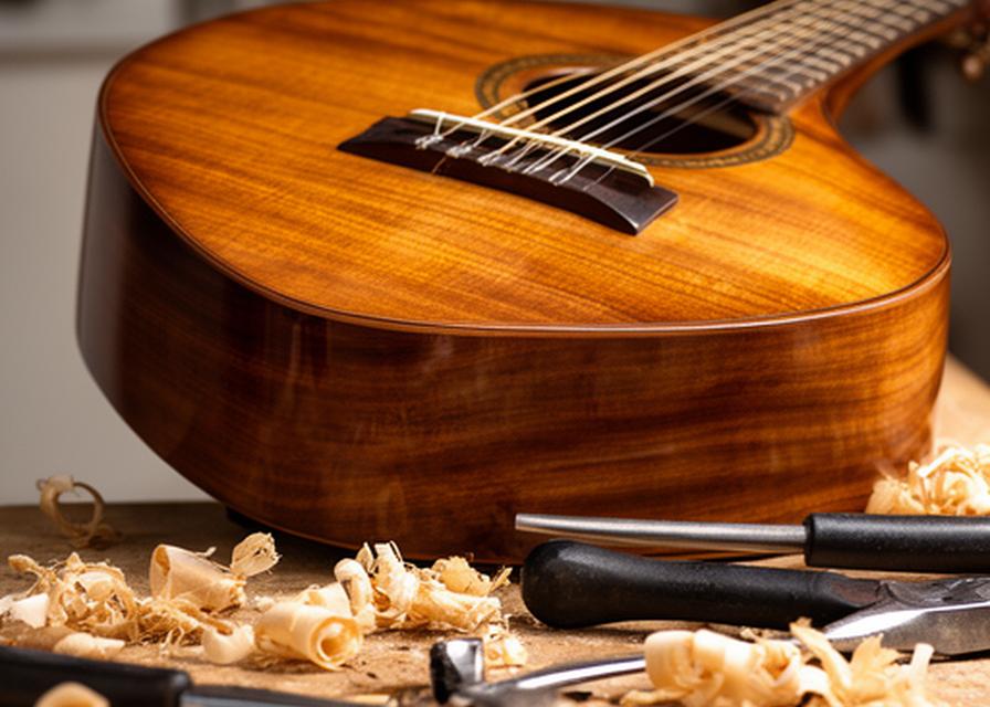 Guitarra criolla de cedro apoyada sobre banco de trabajo con herramientas y virutas de madera