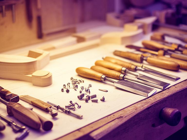 Banco de trabajo de luthería con instrumentos de cuerda, herramientas ordenadas y luz cálida en un taller de Villa Tesei