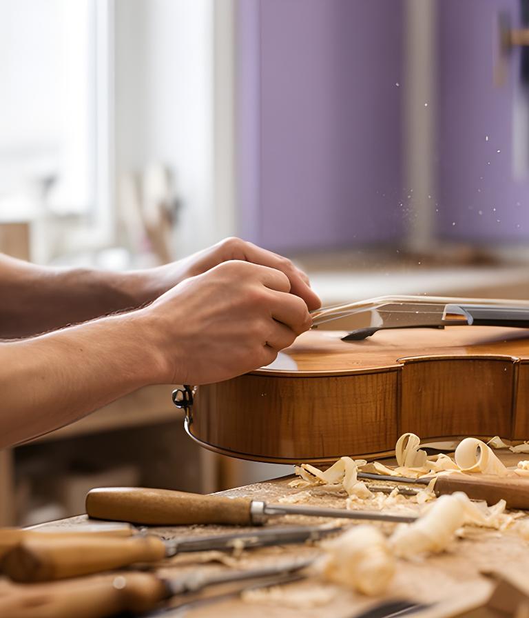 Luthier trabajando una guitarra criolla en un taller luminoso de Villa Tesei con virutas de madera sobre la mesa