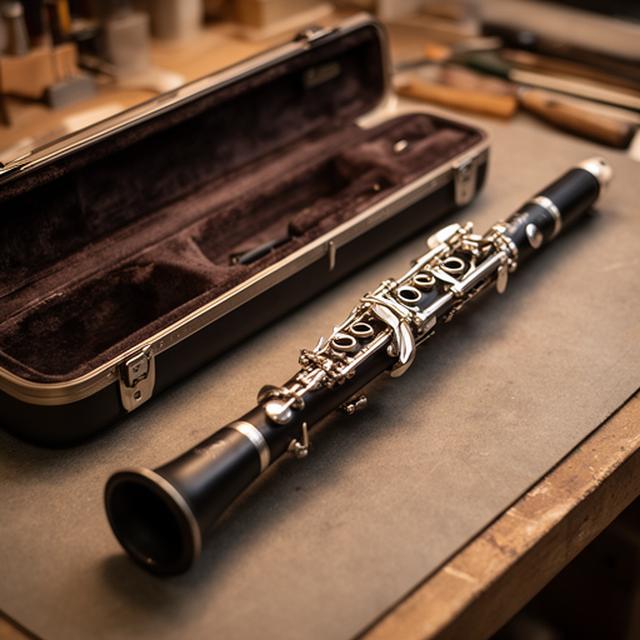 Clarinete artesanal con acabado satinado y estuche abierto en una mesa de taller