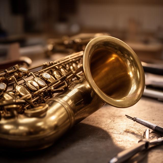 Saxofón con detalle de llaves y campana en una mesa de trabajo con luz cálida
