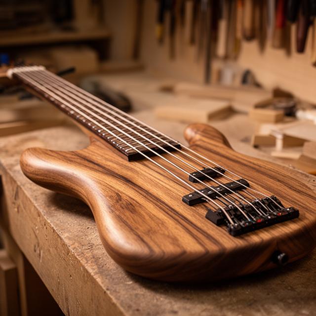Bajo artesanal con veta visible y luces suaves en un taller de luthería
