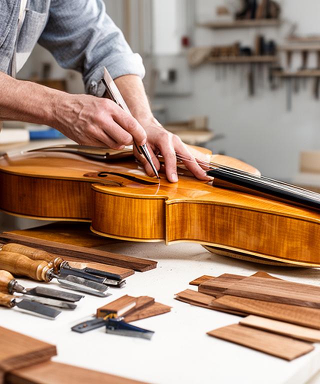 Luthier trabajando sobre un instrumento de cuerda en un taller luminoso, con maderas seleccionadas y herramientas de precisión sobre la mesa