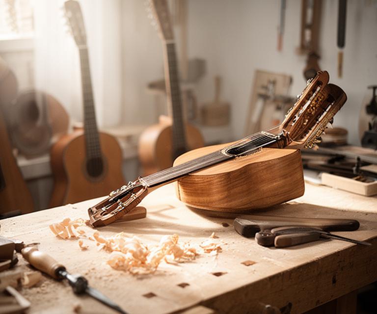 Luthier trabajando sobre una mesa con guitarras, flautas y tambores en un taller luminoso de Villa Tesei
