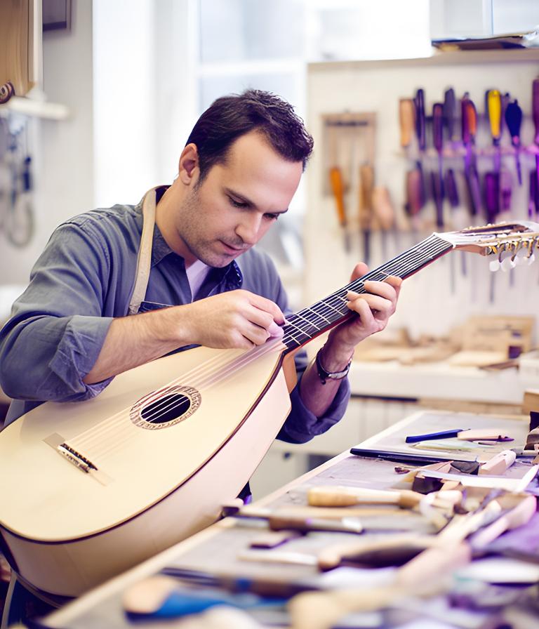 Luthier revisando un instrumento de cuerda en un taller luminoso con herramientas ordenadas