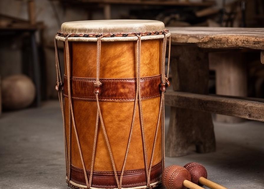 Bombo legüero tradicional de cuero tenso junto a mazas y banco rústico en un taller artesanal