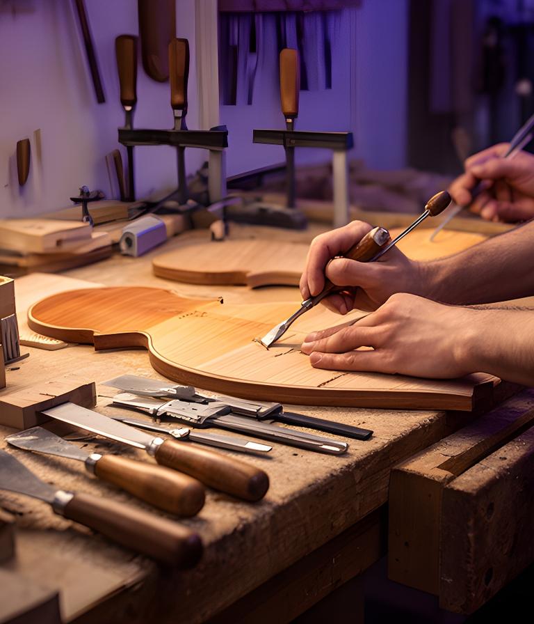 Luthieres trabajando en bancos de madera dentro del taller de Villa Tesei, con herramientas tradicionales y piezas en proceso