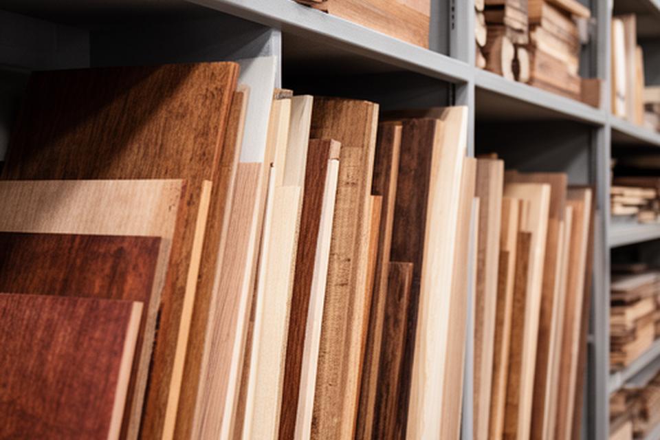 Estanterías del taller con tablas de cedro, palo santo, abeto, ébano y caoba perfectamente curadas