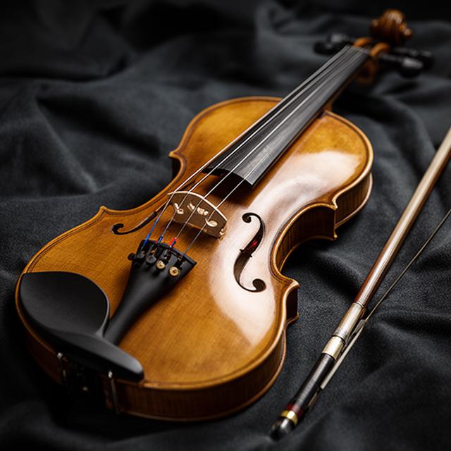 Violín artesanal sobre tela oscura con barniz brillante y arco a un costado
