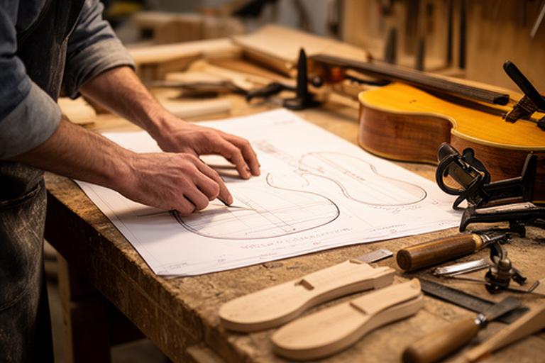Luthier revisando planos y plantillas de instrumentos en un taller iluminado, con maderas, herramientas y notas técnicas sobre la mesa
